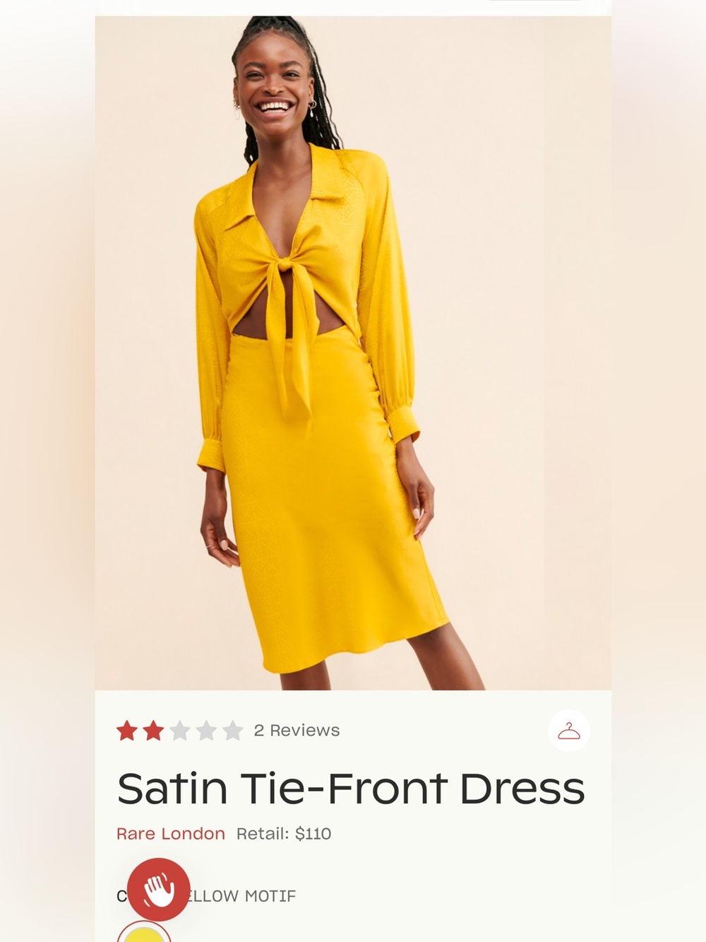 Rare London Bright Yellow Tie-Front Long Sleeve Midi Dress